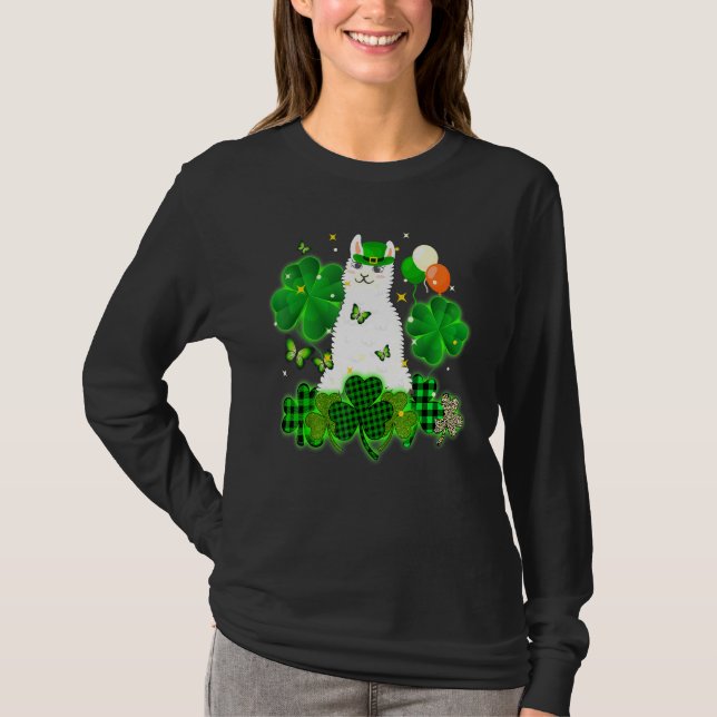 Camiseta Cute Leprechaun Llama Leopard Xadrez Shamrocks Pat (Frente)