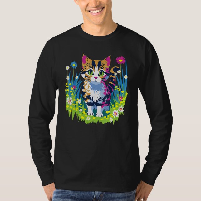 Camiseta Cute Little Cat Animal and Flowers (Frente)