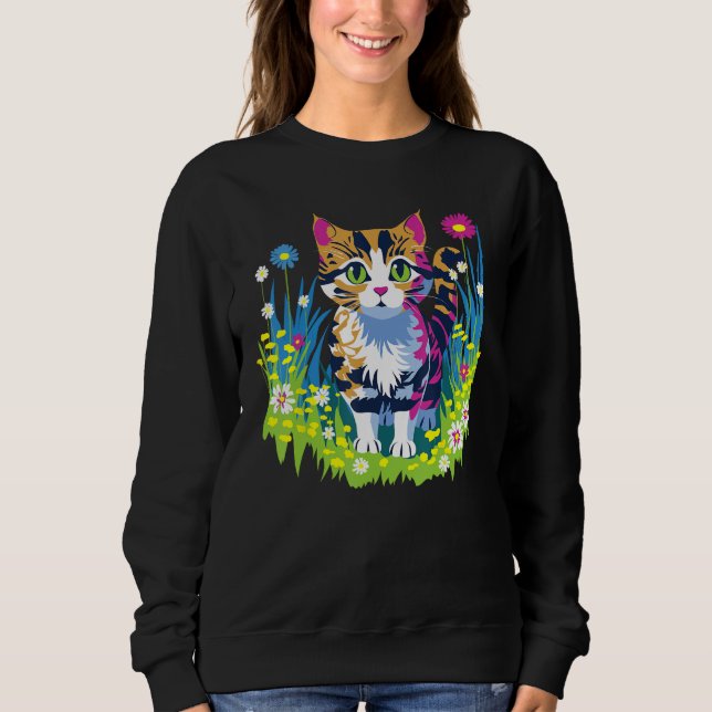 Camiseta Cute Little Cat Animal and Flowers (Frente)