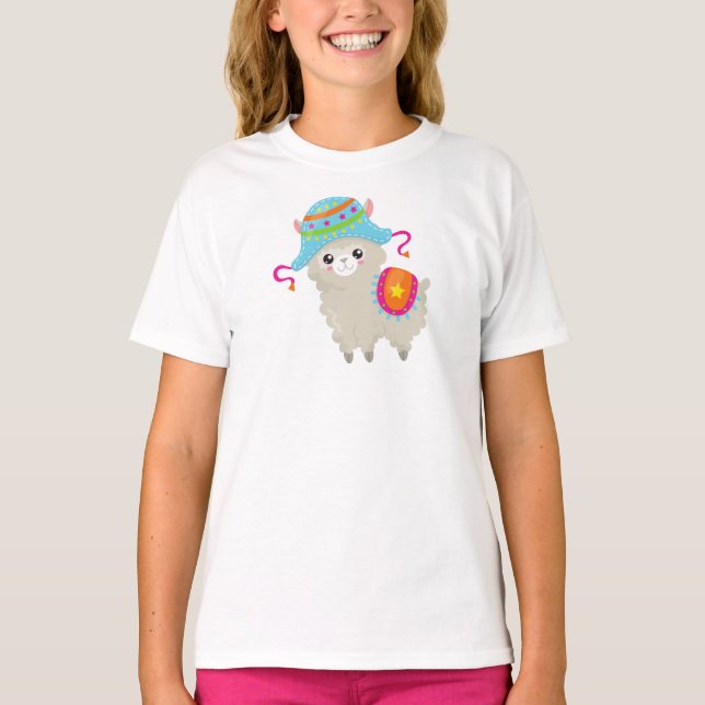 Camiseta Cute Llama, Little Llama, Alpaca, Llama Com Chapéu (Frente)