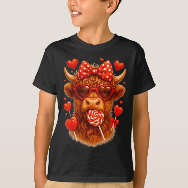 Camiseta Cute Lollip Highland Cow Valentine's Day Red Heart (Frente)