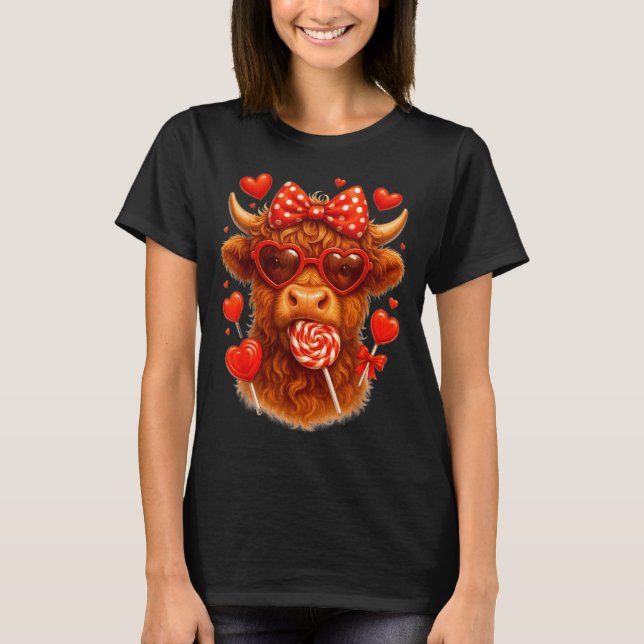 Camiseta Cute Lollip Highland Cow Valentine's Day Red Heart (Frente)