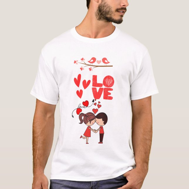 Camiseta Cute Love Couple Illustration with Hearts (Frente)