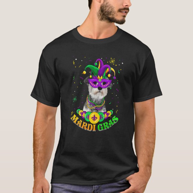 Camiseta Cute Mardi Gras Schnauzer Dog Dad Dog Mom Mask Bea (Frente)