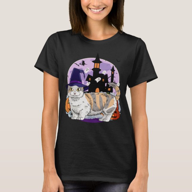 Camiseta Cute Munchkin Cat Halloween Witch Pumpkin (Frente)