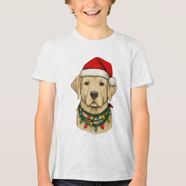 Camiseta Cute Natal Labrador com Chapéu de Papai Noel e Fér (Frente)