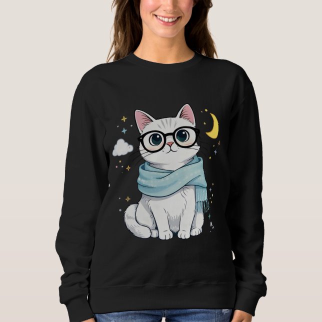 Camiseta Cute Nerdy Cat with Glasses and Scarf (Frente)