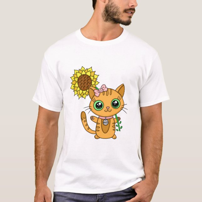 Camiseta Cute Orange Kawaii Cat with Sunflower (Frente)
