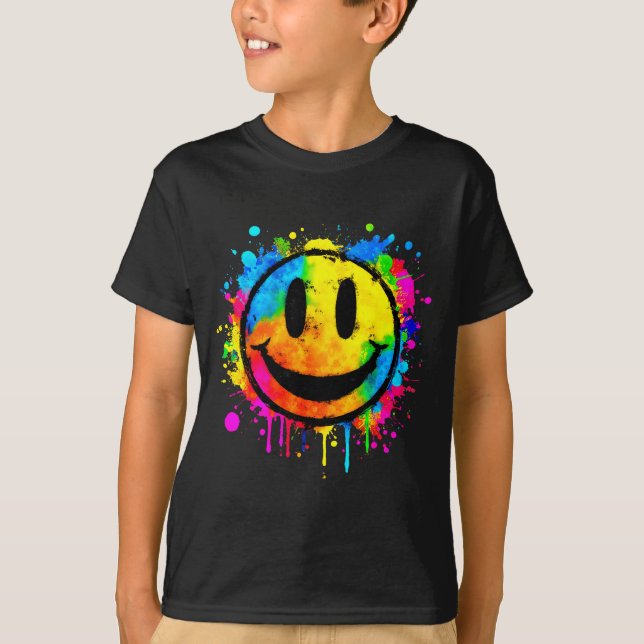 Camiseta Cute Paint Splash Happy Smile Face 70s Tie Dye Smi (Frente)