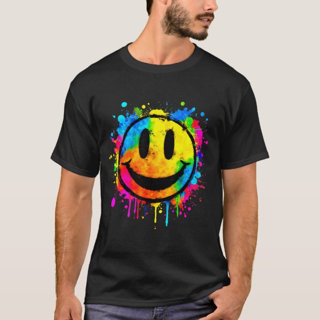 Camiseta Cute Paint Splash Happy Smile Face 70s Tie Dye Smi (Frente)