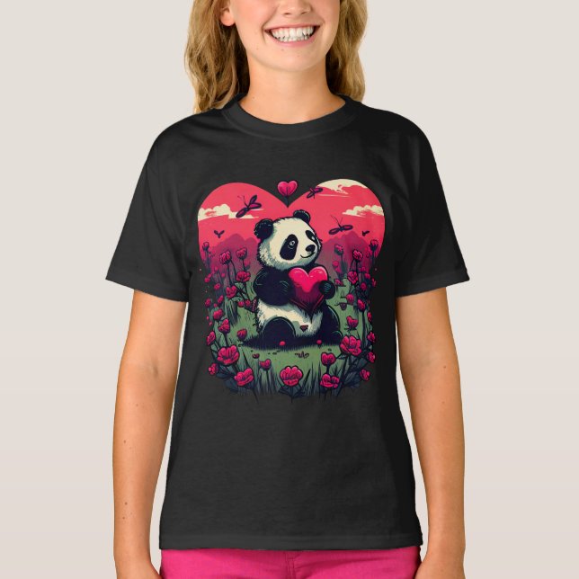 Camiseta Cute Panda Segurando Coração - Presente de Dia de  (Frente)