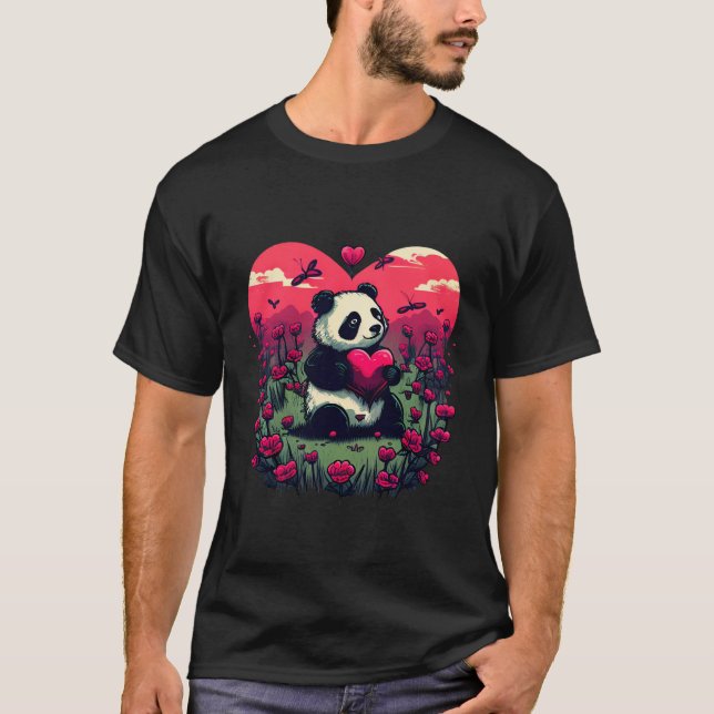 Camiseta Cute Panda Segurando Coração - Presente de Dia de  (Frente)