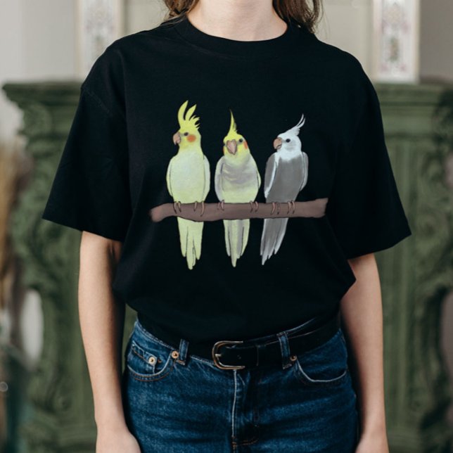 Camiseta Cute Pet Cockatiels Flock on Perch Bird Lover (Criador carregado)
