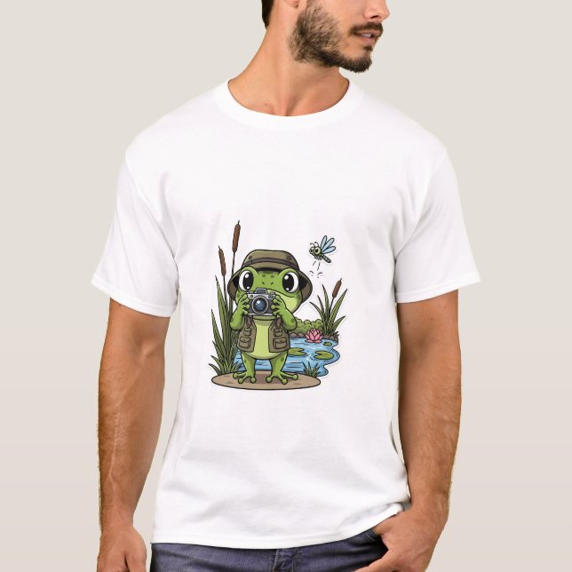 Camiseta Cute Photographer Frog with Camera, Dragonfly (Frente)