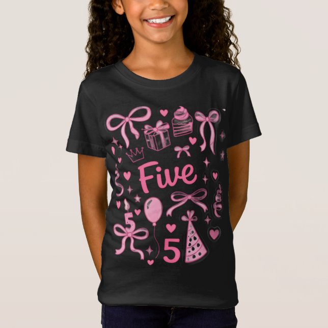 Camiseta Cute Pink 5th Birthday Girl Shirt Five Bow Party D (Frente)