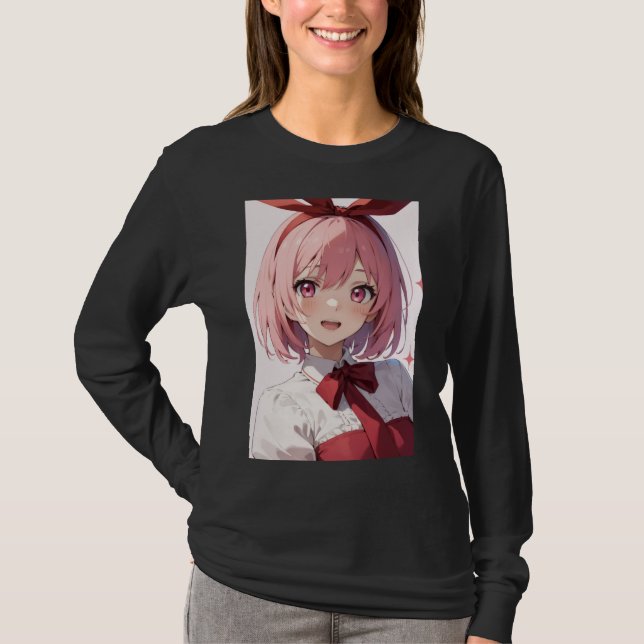 Camiseta Cute Pink-Haired Anime Girl Illustration (Frente)