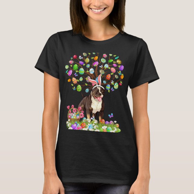 Camiseta Cute Pitbull Dogs With Bunny Ears Easter Egg Tree  (Frente)