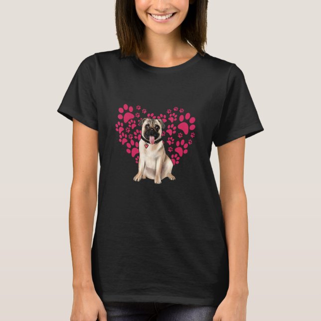 Camiseta Cute Pug dog Heart Paw Valentine Outfit for Pet Ow (Frente)