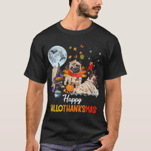 Camiseta Cute Pug Feliz Hallothanksmas Halloween Dia de Açã