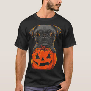 Camiseta Cute Pug Preto Jack O Lantern Abóbora Halloween