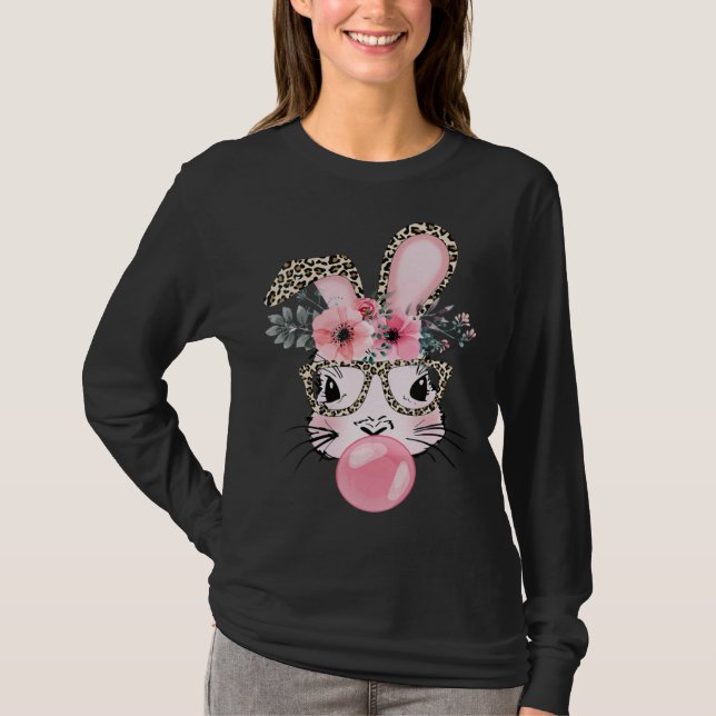 Camiseta Cute Rabbit Bubble Gum Easter Day Bunny Leopard Gl (Frente)