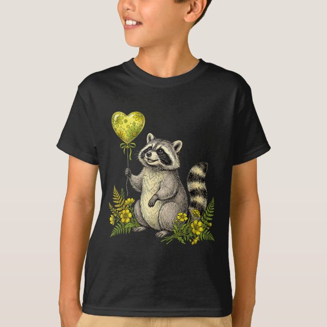 Camiseta Cute Raccoon Balloon Heart Flowers Sweet Raccoon L (Frente)