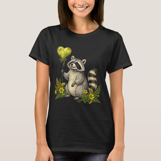 Camiseta Cute Raccoon Balloon Heart Flowers Sweet Raccoon L (Frente)