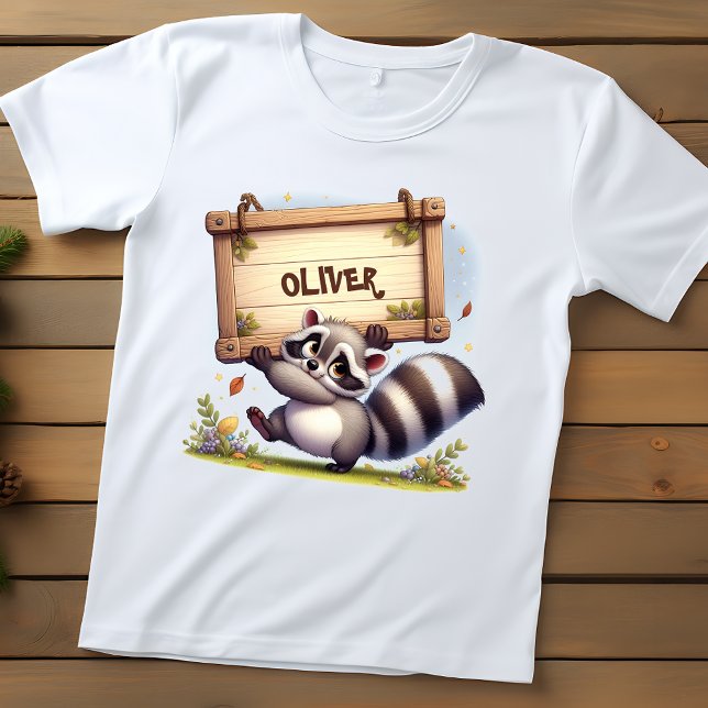 Camiseta Cute Raccoon com Sinal de Nome Personalizável (Criador carregado)