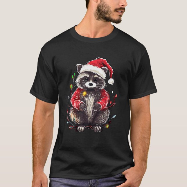 Camiseta Cute Raccoon de Natal Luz Santa Hat Xmas Pajam (Frente)