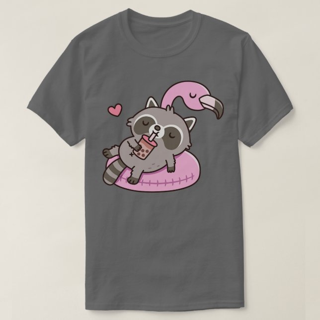 Camiseta Cute Raccoon g em Flamingo Piscina Float (Frente do Design)