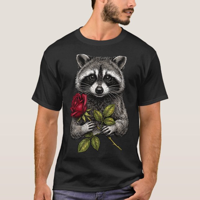 Camiseta Cute Raccoon Holding A Red Rose Sweet Raccoon Love (Frente)