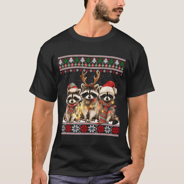 Camiseta Cute Raccoon Santa Christmas Lights Ugly Xmas Swea (Frente)