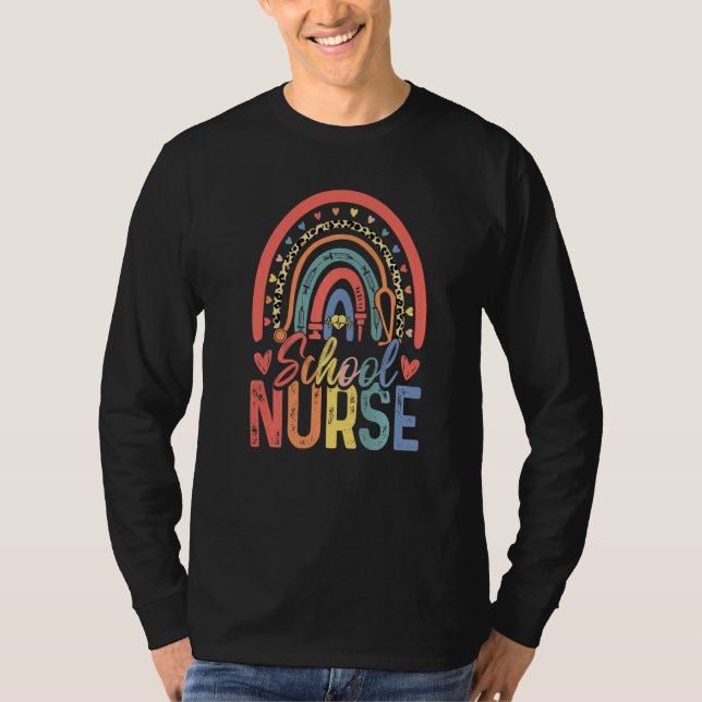 Camiseta Cute Rainbow Leopard Print School Nurse Back To Sc (Frente)