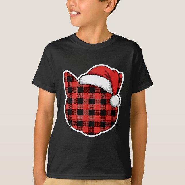 Camiseta Cute Red And Black Buffalo Plaid Cat Christmas San (Frente)