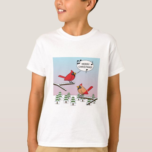 Camiseta Cute Red Cardinal Singing Merry Christmas (Frente)