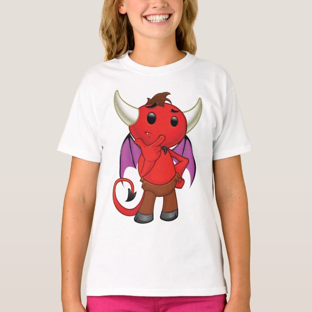 Camiseta Cute Red Devil Character Thinking Mischievous (Frente)