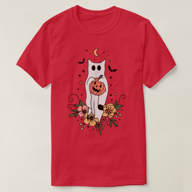 Camiseta Cute Retro Black Cat Ghost Flower Fall Halloween C (Frente do Design)