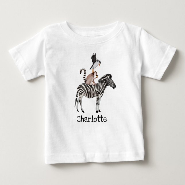 Camiseta Cute Safari Zebra Lemur Puffin Animais Com Nome (Frente)