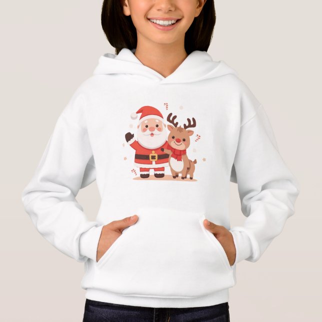 Camiseta Cute Santa & Reindeer Kids Christmas Hoodie (Frente)