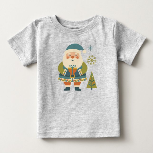 Camiseta Cute Scandi Folk Art Santa with Gift Kids Holiday (Frente)