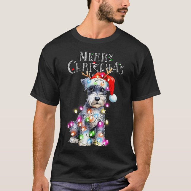 Camiseta Cute Schnauzer Christmas Lights Xmas Dog Santa Hat (Frente)