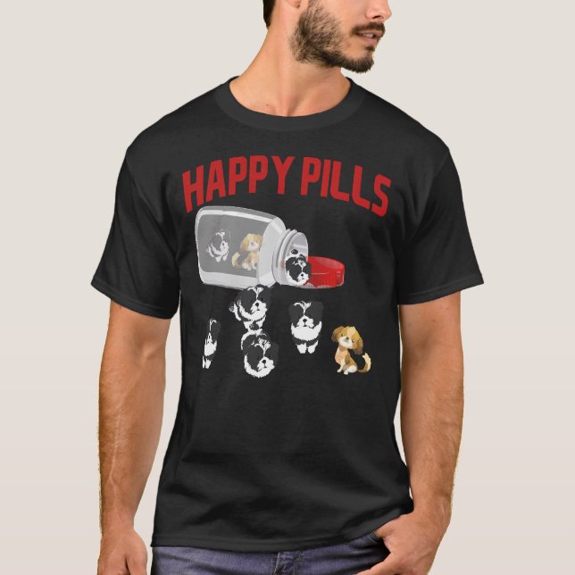Camiseta Cute Shih Tzu Happy Pills Pílula Produto Proprietá (Frente)