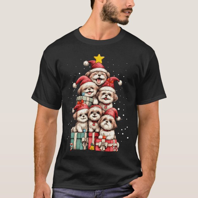 Camiseta Cute Shih Tzu Le Dog Christmas Tree Xmas Hat Long  (Frente)
