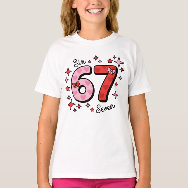 Camiseta Cute Six Seven Meme – Pink & Red 6 7 with Hearts (Frente)