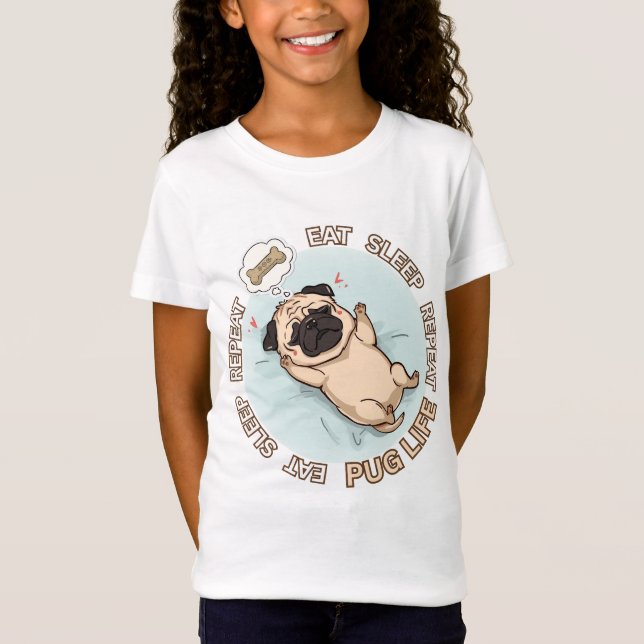 Camiseta Cute Sleeping Pug Girls Shirt | Eat Sleep Repeat  (Frente)
