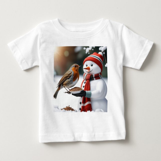 Camiseta Cute Snowman alimenta uma design Robin de Natal (Frente)