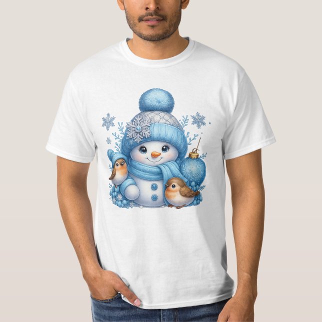 Camiseta Cute Snowman and Winter Birds Christmas (Frente)