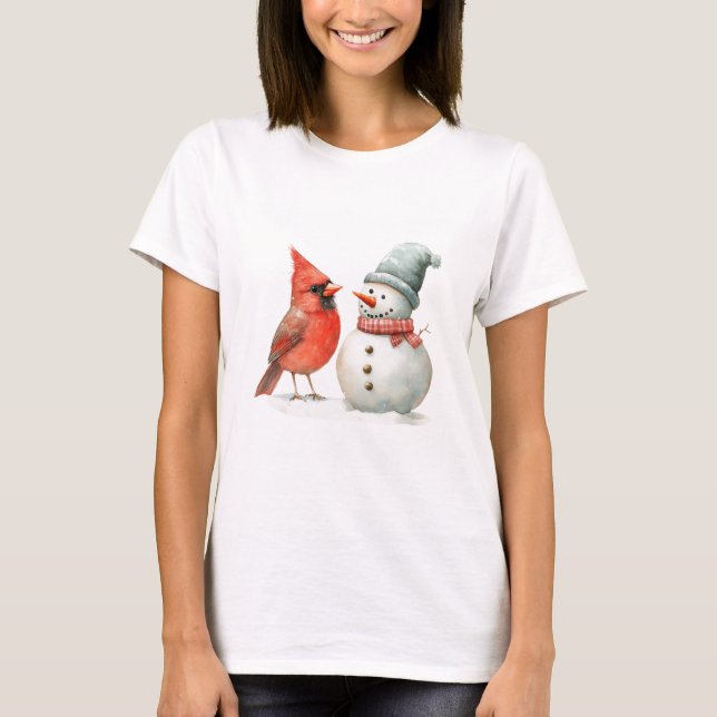 Camiseta Cute Snowman with Bird Winter Christmas Scene (Frente)