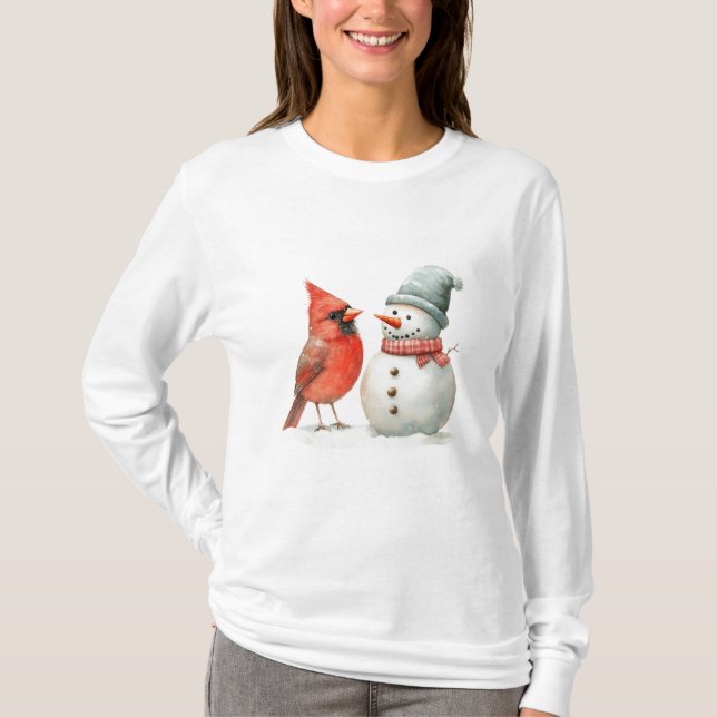 Camiseta Cute Snowman with Bird Winter Christmas Scene (Frente)