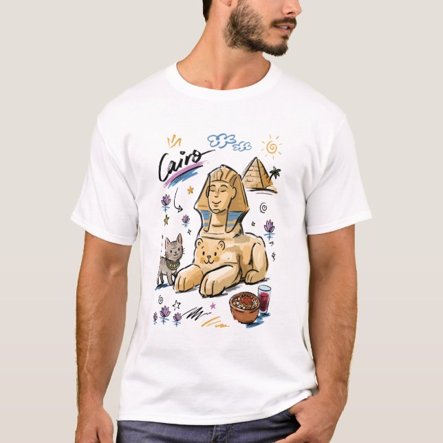Camiseta Cute Sphinx Cairo Egito Arte Doodle (Frente)
